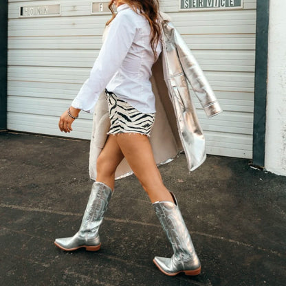 Metallic Silver Snip-Toe Embroidery Wide Calf Knee High Cowgirl Boots