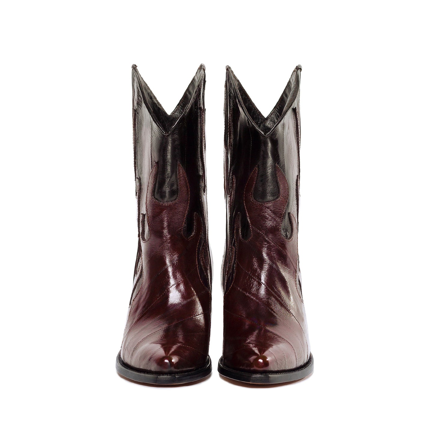 Contrast Colors Eel Print Pointed-Toe Flame Appliques Ankle Cowgirl Boots