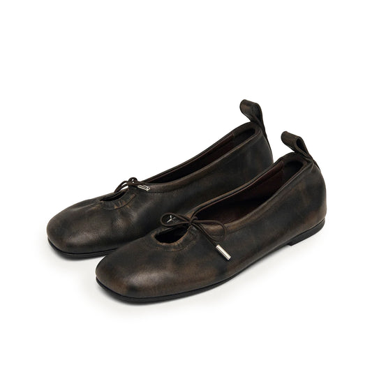 Brushed Brown Square-Toe Stretchy Ballet Flats