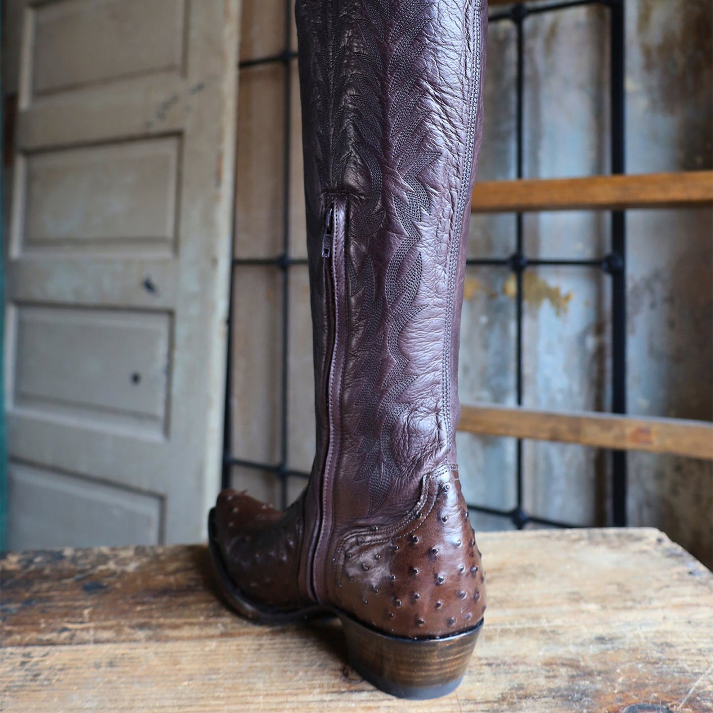 Chocolate Contrast Vegan Leather And Ostrich Print Snip-Toe Embroidery Half-Zip Knee High Cowgirl Boots