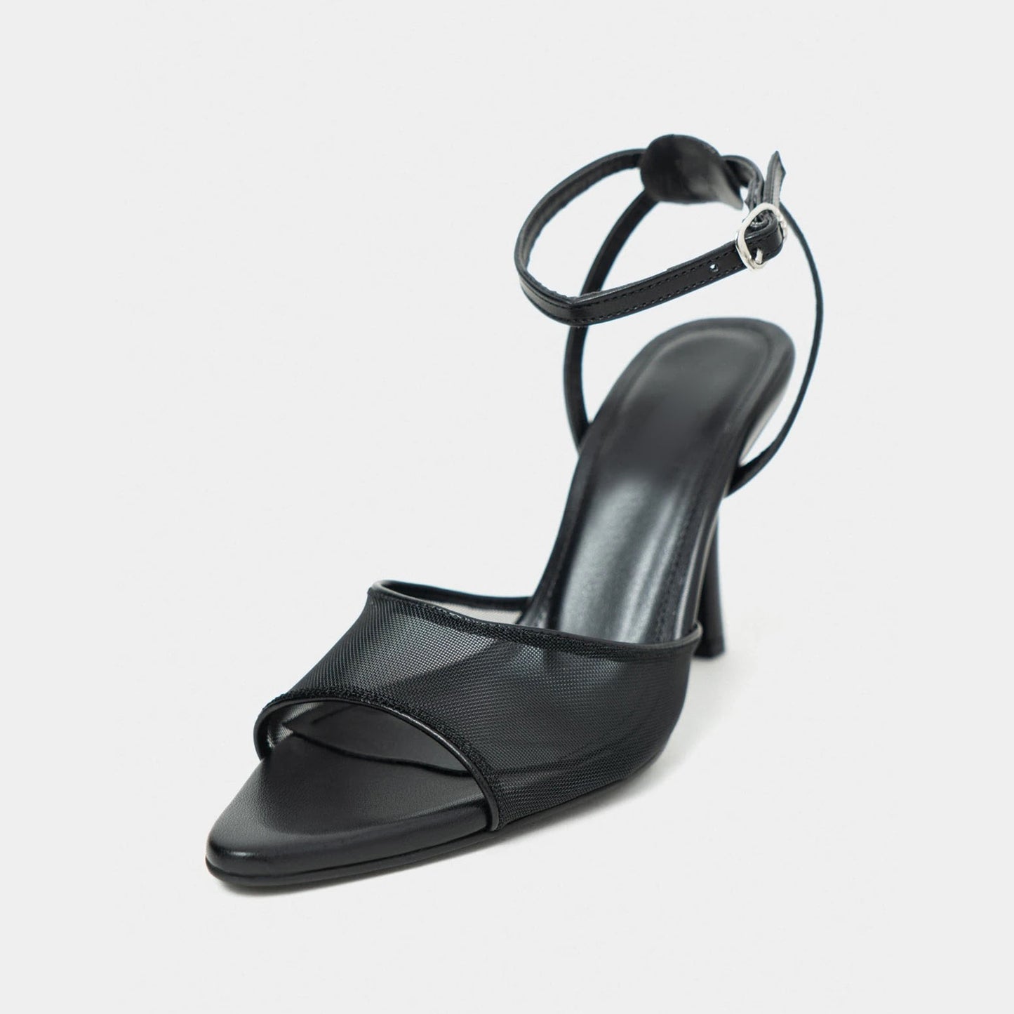 Black Mesh And Vegan Leather Pointed-Toe Slingback Ankle Strap Pumps High Heels