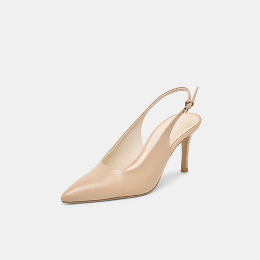 Beige Classic Pointed-Toe Buckle Slingback Kitten Heels