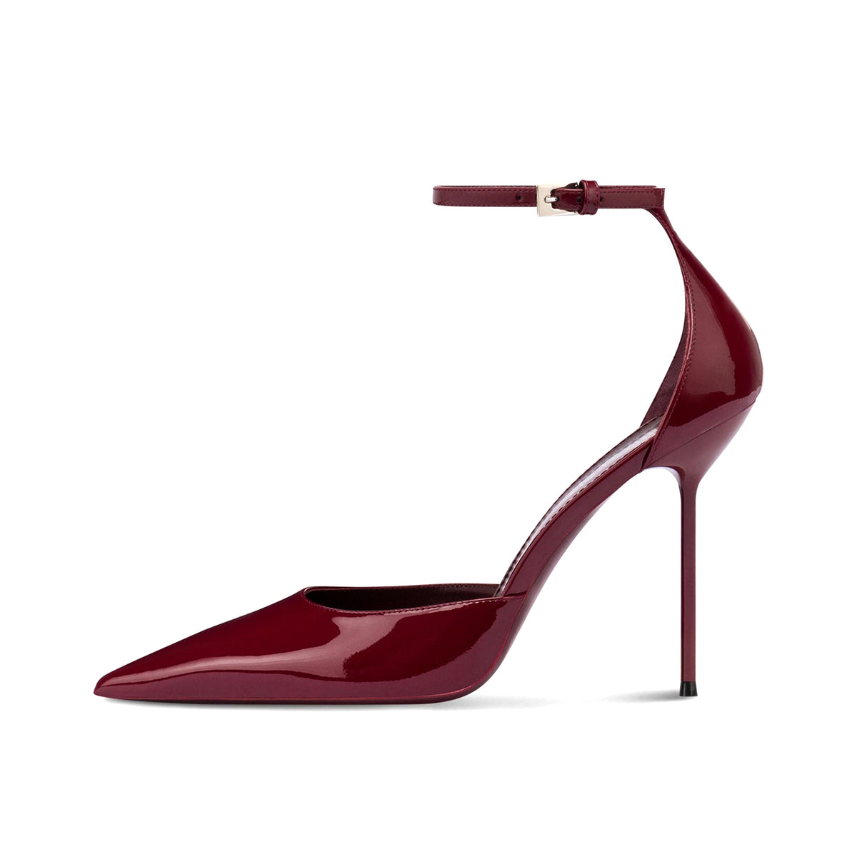 Patent Burgundy Pointed-Toe Buckle Ankle Strap High Heels Pumps