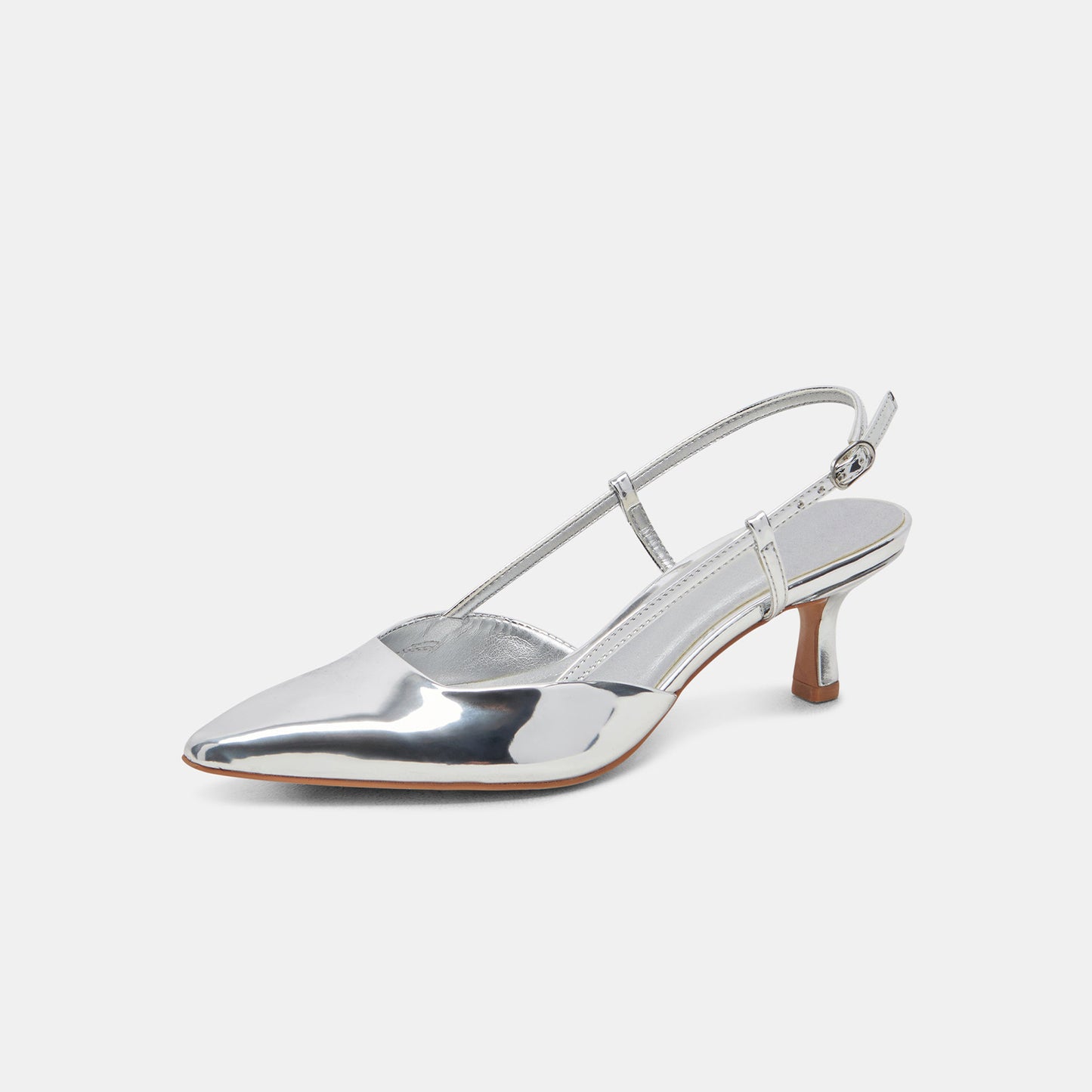 Metallic Silver Pointed-Toe Classic Slip-On Slingback Kitten Heels