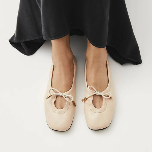 Cream Square-Toe Stretchy Ballet Flats