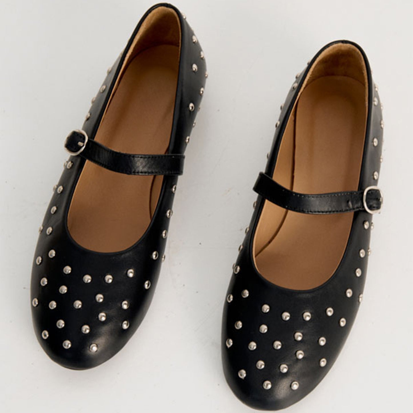 Black Round-Toe Full Studs And Buckle Mary Jane Ballet Flats