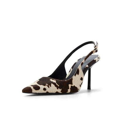 Cow Print Pony Hair Pointed-Toe Slingback Kitten Heels