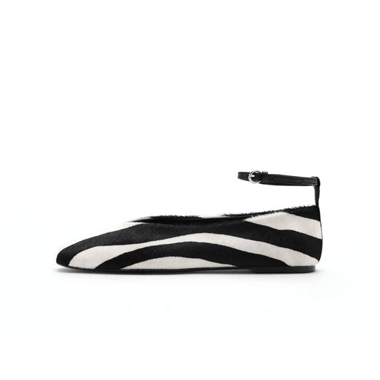 Cow Print Pony Hair Vegan Leather Square-Toe Ankle Strap Flats