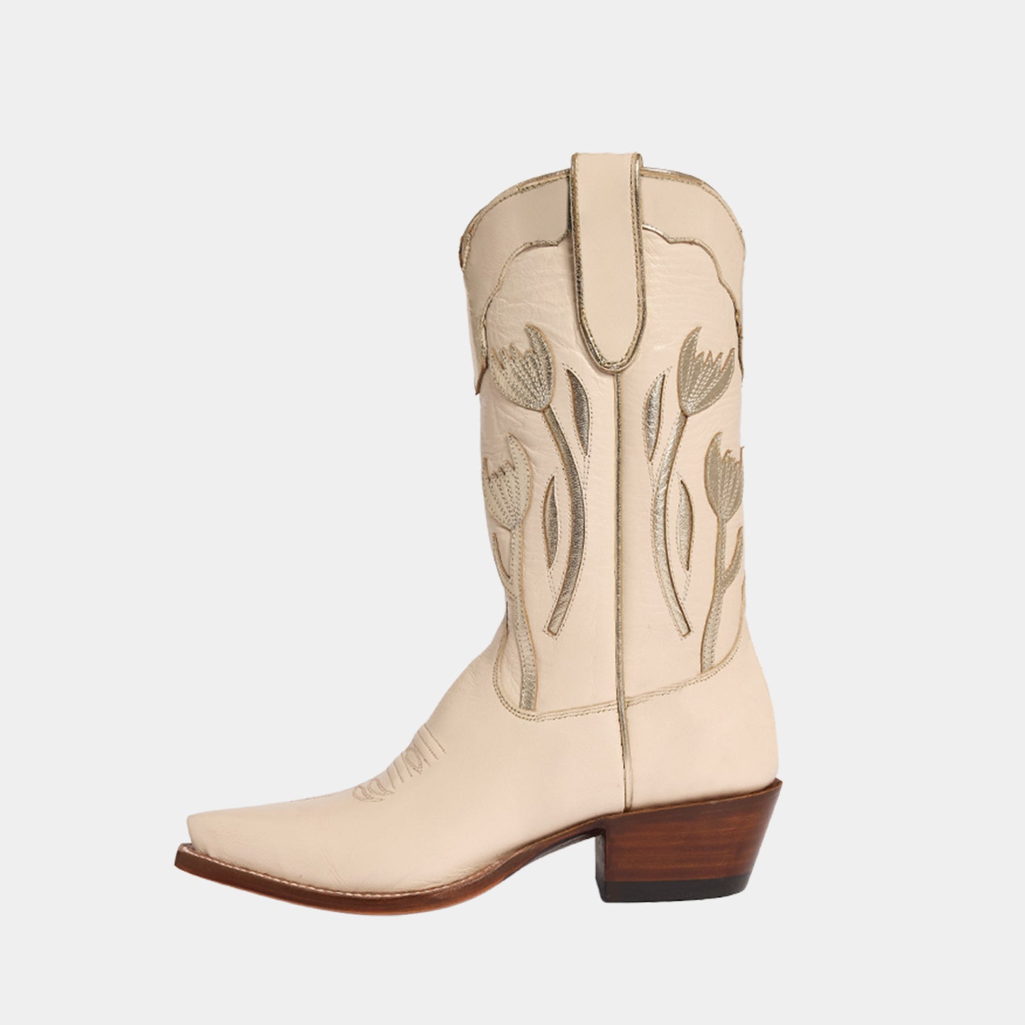 Cream Snip-Toe Metallic Champagne Tulip Inlay Mid Calf Cowgirl Boots