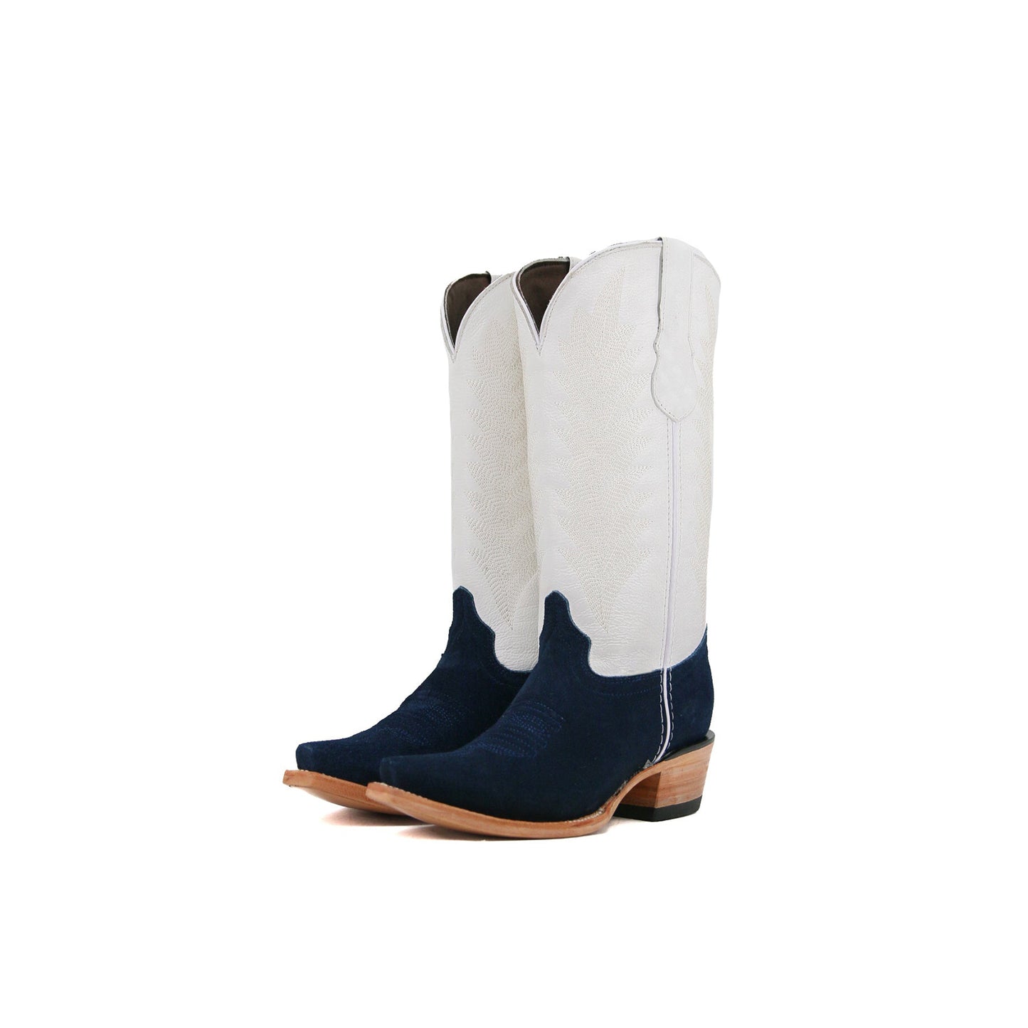 Contrast White And Navy Faux Suede Snip-Toe Embroidery Mid Calf Cowgirl Boots