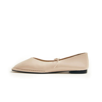 Cream Square-Toe V-Cut Vamps Bridge Self-Tie Bow Ballet Flats