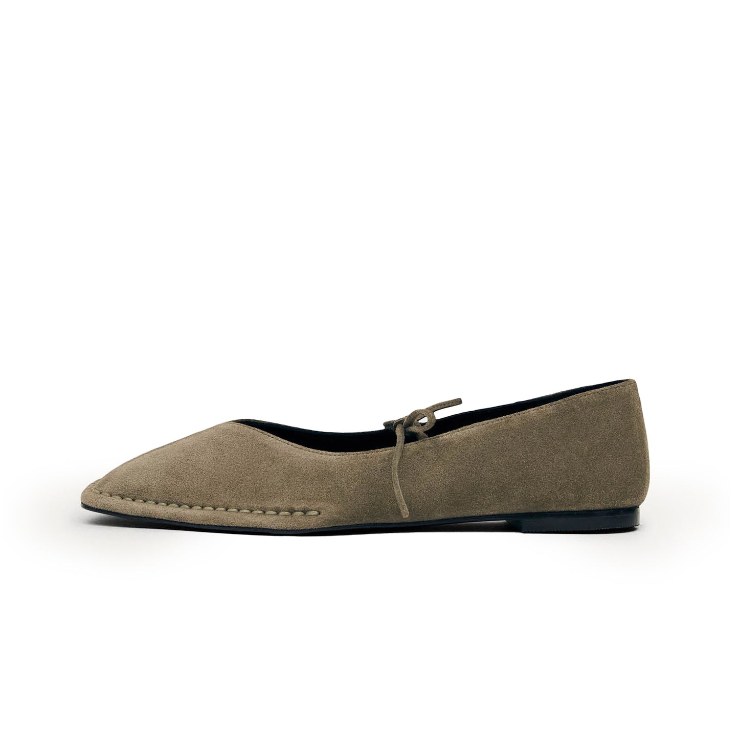 Khaki Faux Suede Square-Toe V-Cut Vamps Bridge Self-Tie Bow Ballet Flats
