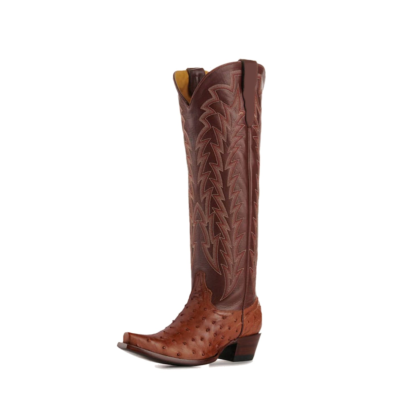 Cognac Contrast Vegan Leather And Ostrich Print Snip-Toe Embroidery Classic Wide Calf Knee High Cowgirl Boots