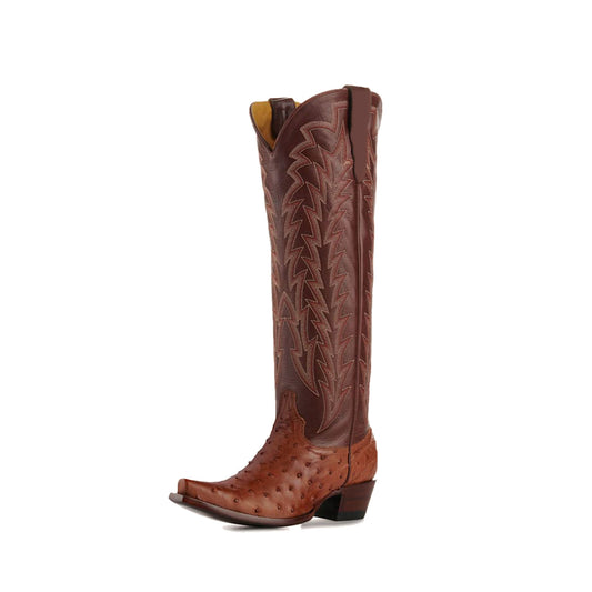 Cognac Contrast Vegan Leather And Ostrich Print Snip-Toe Embroidery Classic Wide Calf Knee High Cowgirl Boots