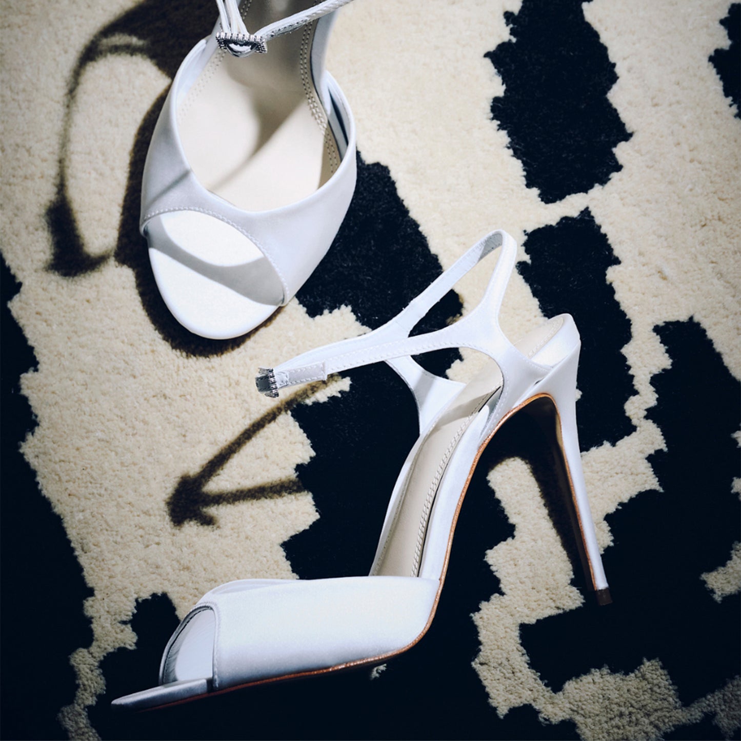White Satin Peep Round-Toe Ankle Strap Sandals High Heels