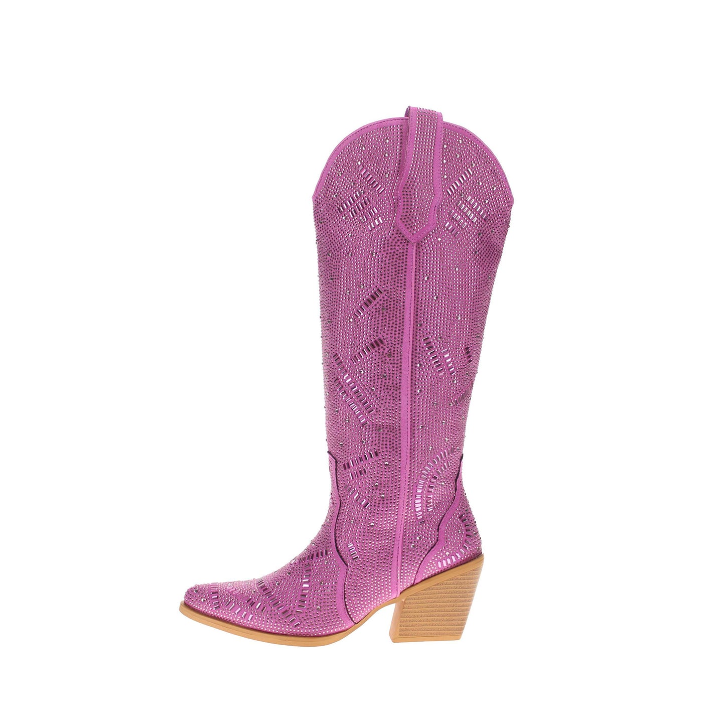 Purple Faux Suede Pointed-Toe Full Crystals Wide Calf Knee High Cowgirl Boots
