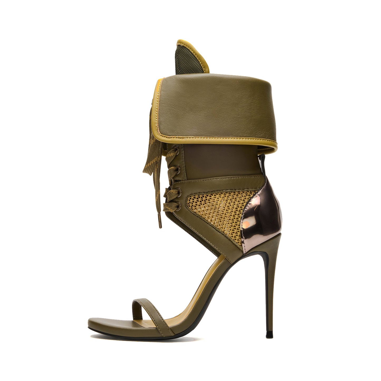 Green Open Round-Toe Mesh And Lace-Up Shaft Back Metallic Design Stiletto High Heels