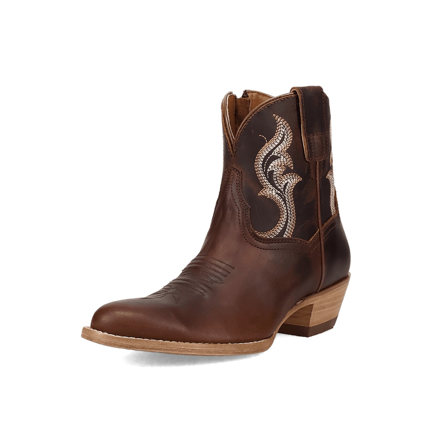 Dark Tan Round-Toe Grace Embroidery Full-Zip Ankle Cowgirl Boots