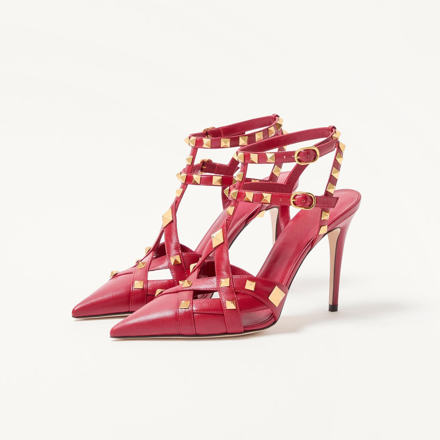 Red Pointed-Toe Studded Strappy Ankle Strap High Heels
