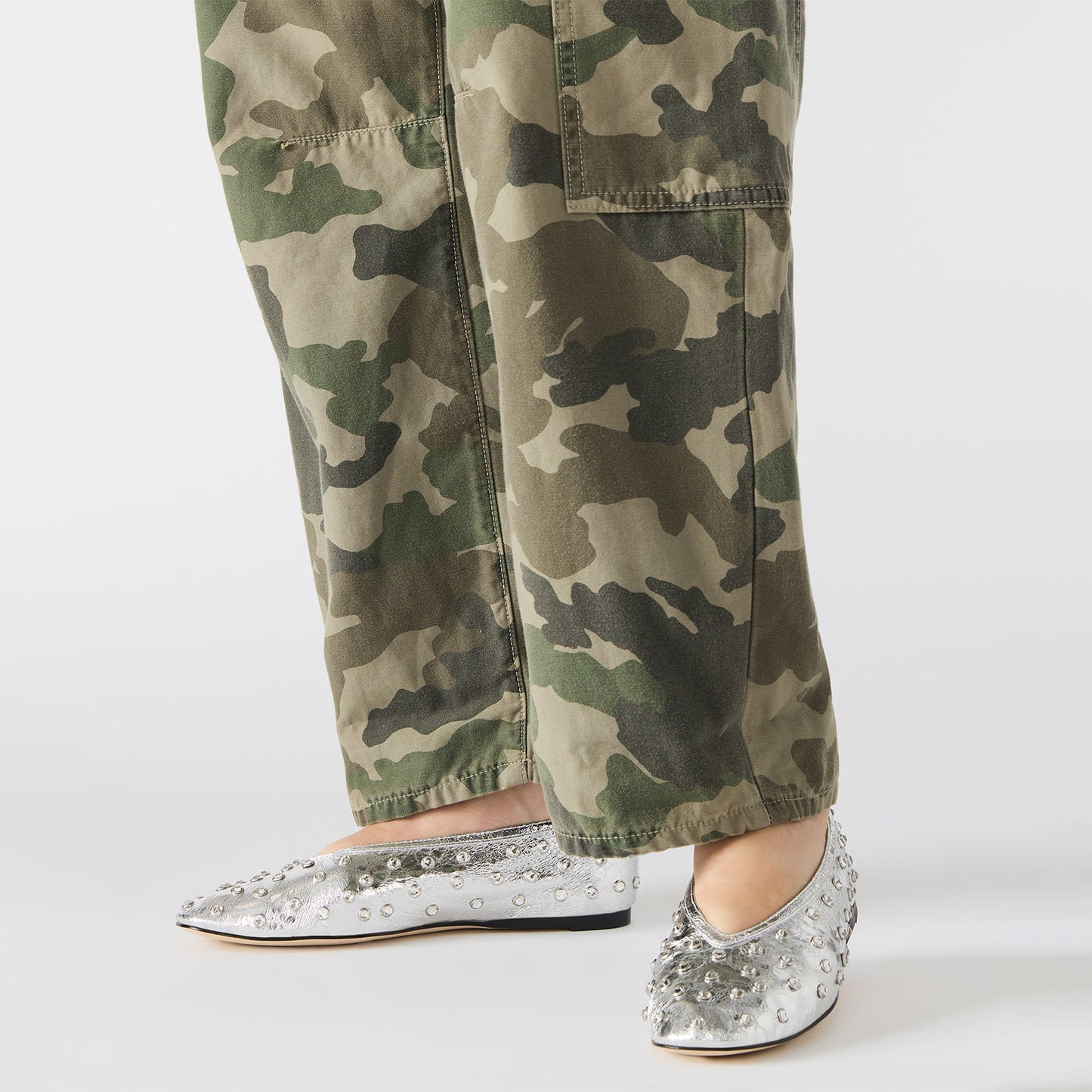 Metallic Silver Elegant Square-Toe Rhinestone Slip-On Flats