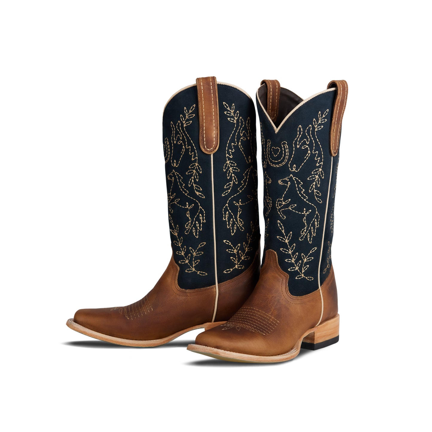Contrast Navy And Brown Square-Toe Western Embroidery Mid Calf Cowgirl Boots