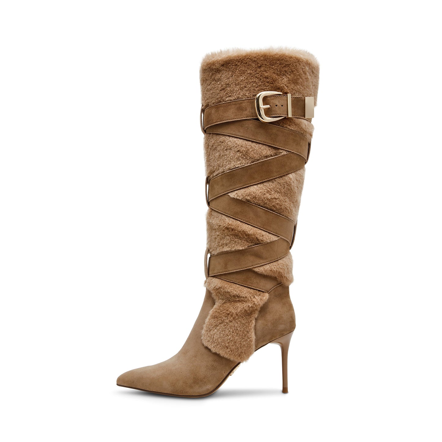 Tan Faux Suede Contrast Plush Pointed-Toe Full-Zip Buckle Knee High Stiletto Boots