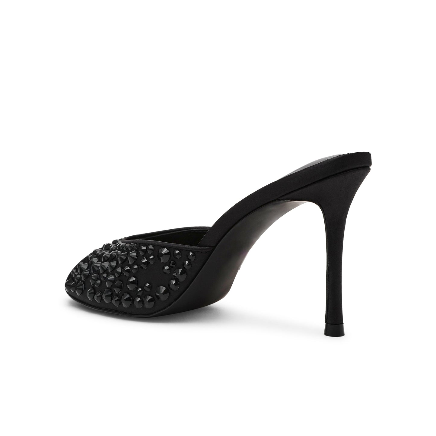 Black Satin Open Almond-Toe Rhinestone Backless High Heels
