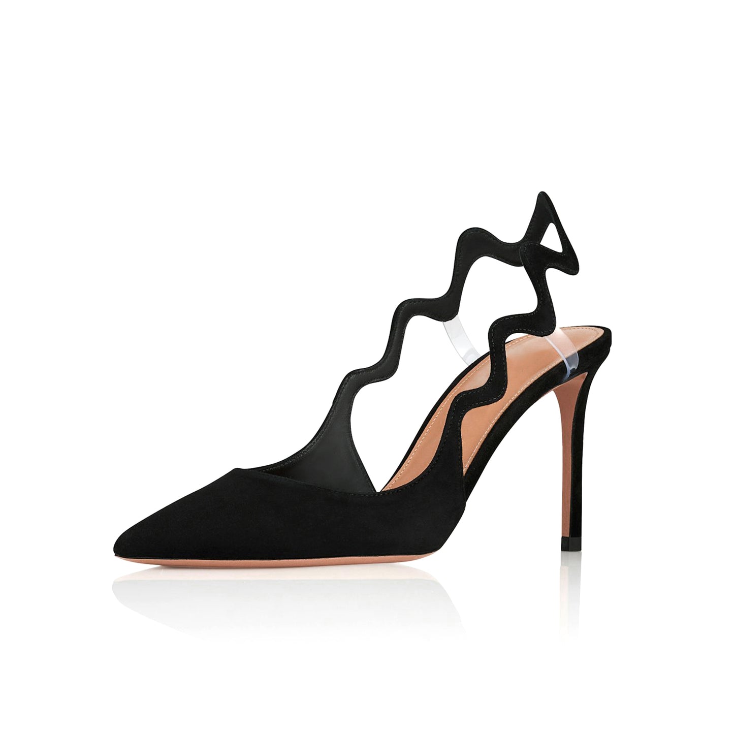 Black Faux Suede Pointed-Toe Undulating Slingback High Heels