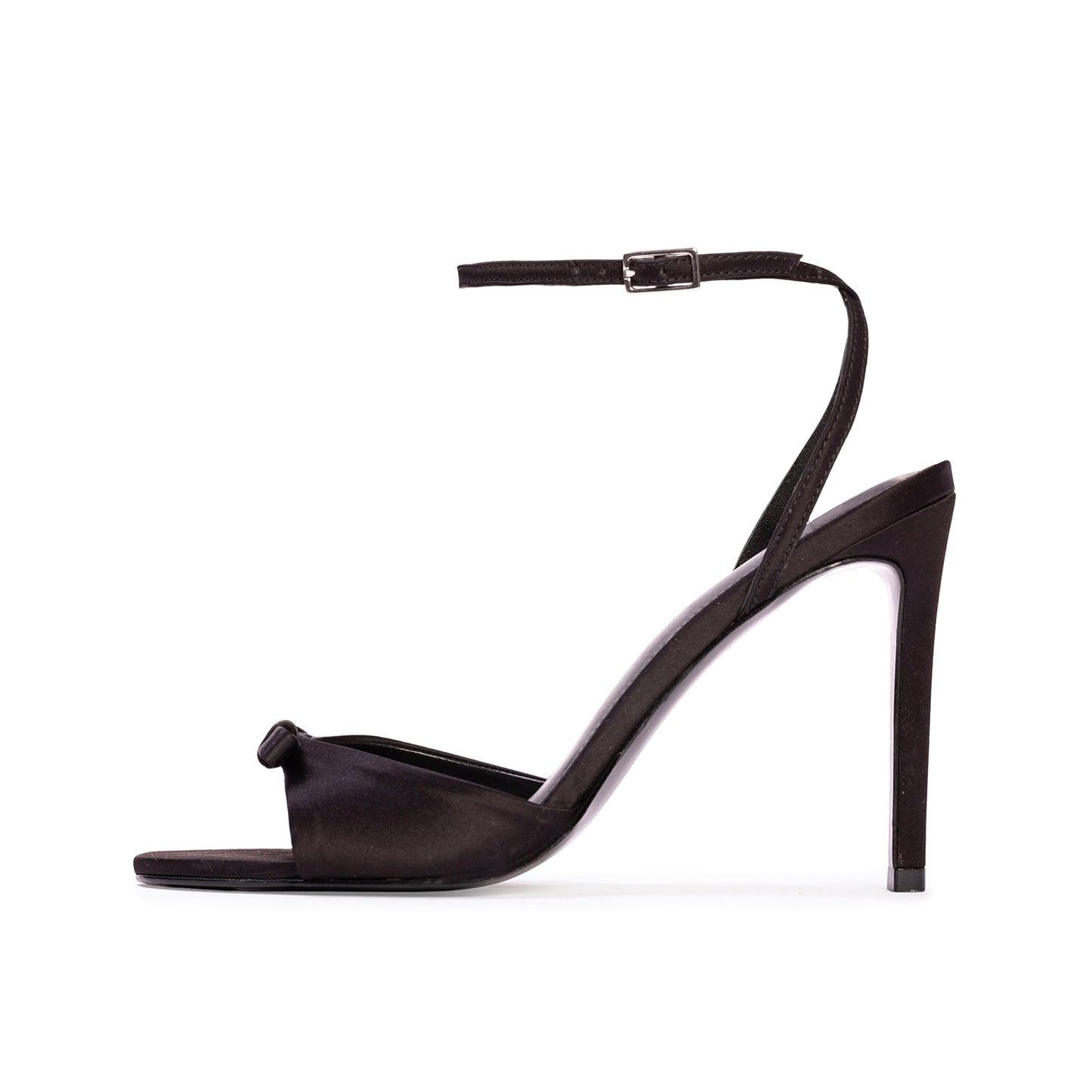 Black Satin Round-Toe Front Bow Ankle Strap High Stiletto Heels