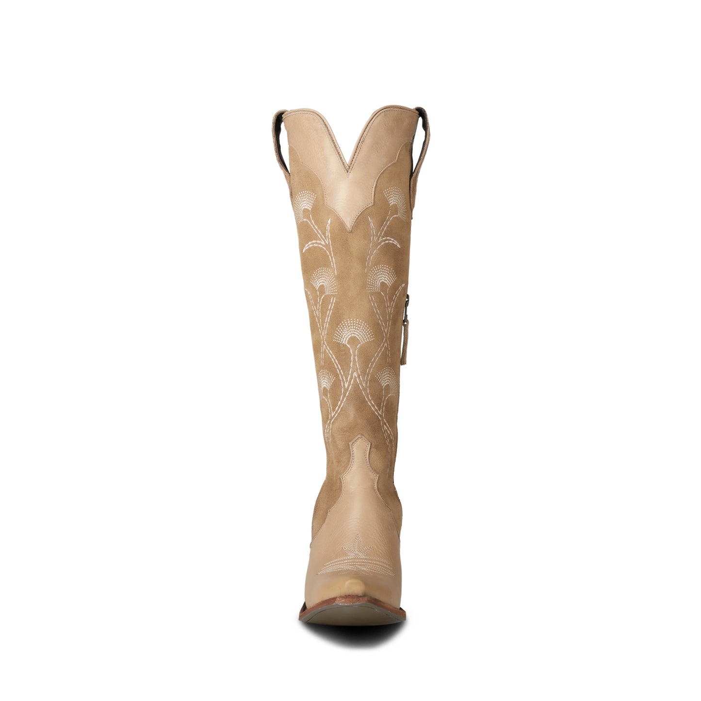 Sand Contrast Faux Suede And Vegan Leather Snip-Toe Floral Embroidery Half-Zip Knee High Cowgirl Boots