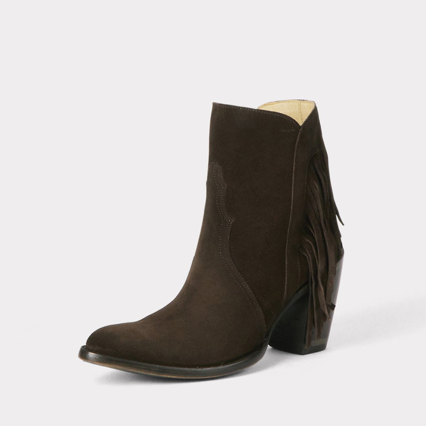 Chocolate Faux Suede Round-Toe Side Fringe Half-Zip Simple Ankle Cowgirl Boots