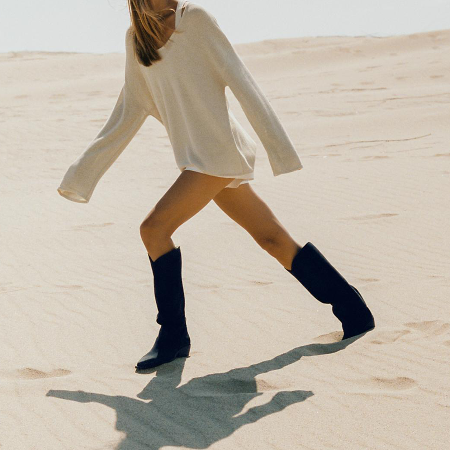 Dark Blue Faux Suede Pointed-Toe Simple And Sleek Knee High Cowgirl Boots