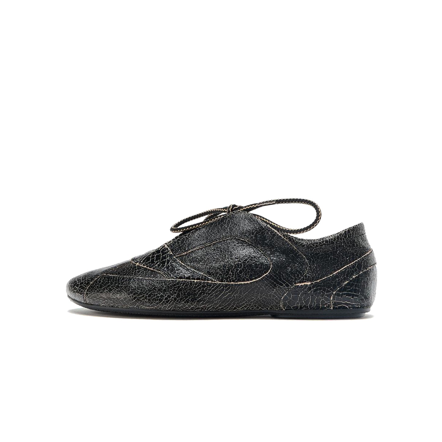 Distressed Black Square-Toe Classic Lace-Up Flats