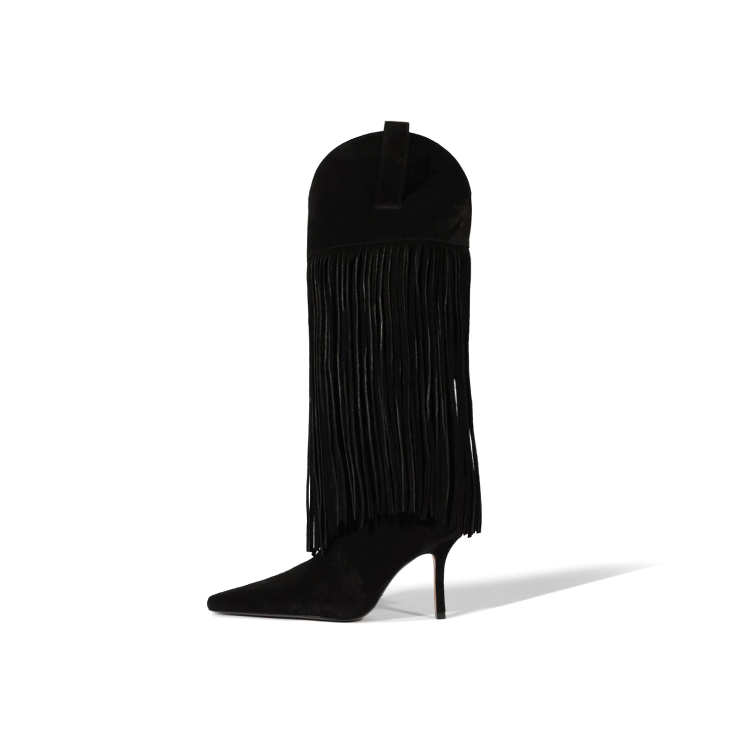 Black Faux Suede Pointed-Toe Shaft Fringe Mid Calf Stiletto Boots