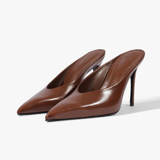 Coffee Pointed-Toe Slip-On Backless Chic Pumps High Heels