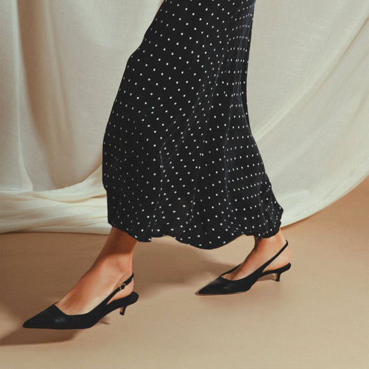 Black Pointed-Toe Simple Slingback Slip-On Kitten Heels