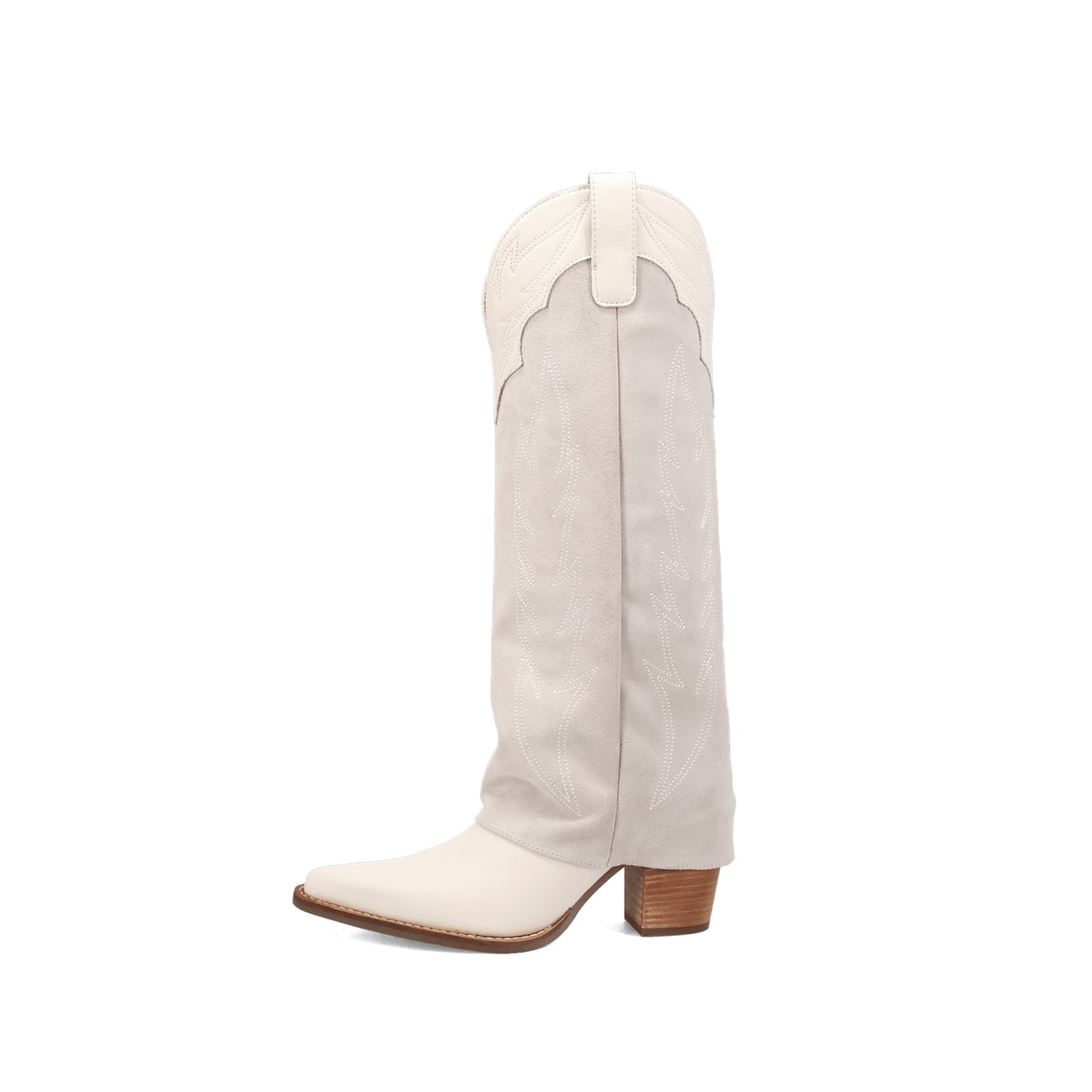 White Snip-Toe Faux Suede Fold-Over Embroidery Wide Calf Knee High Cowgirl Boots