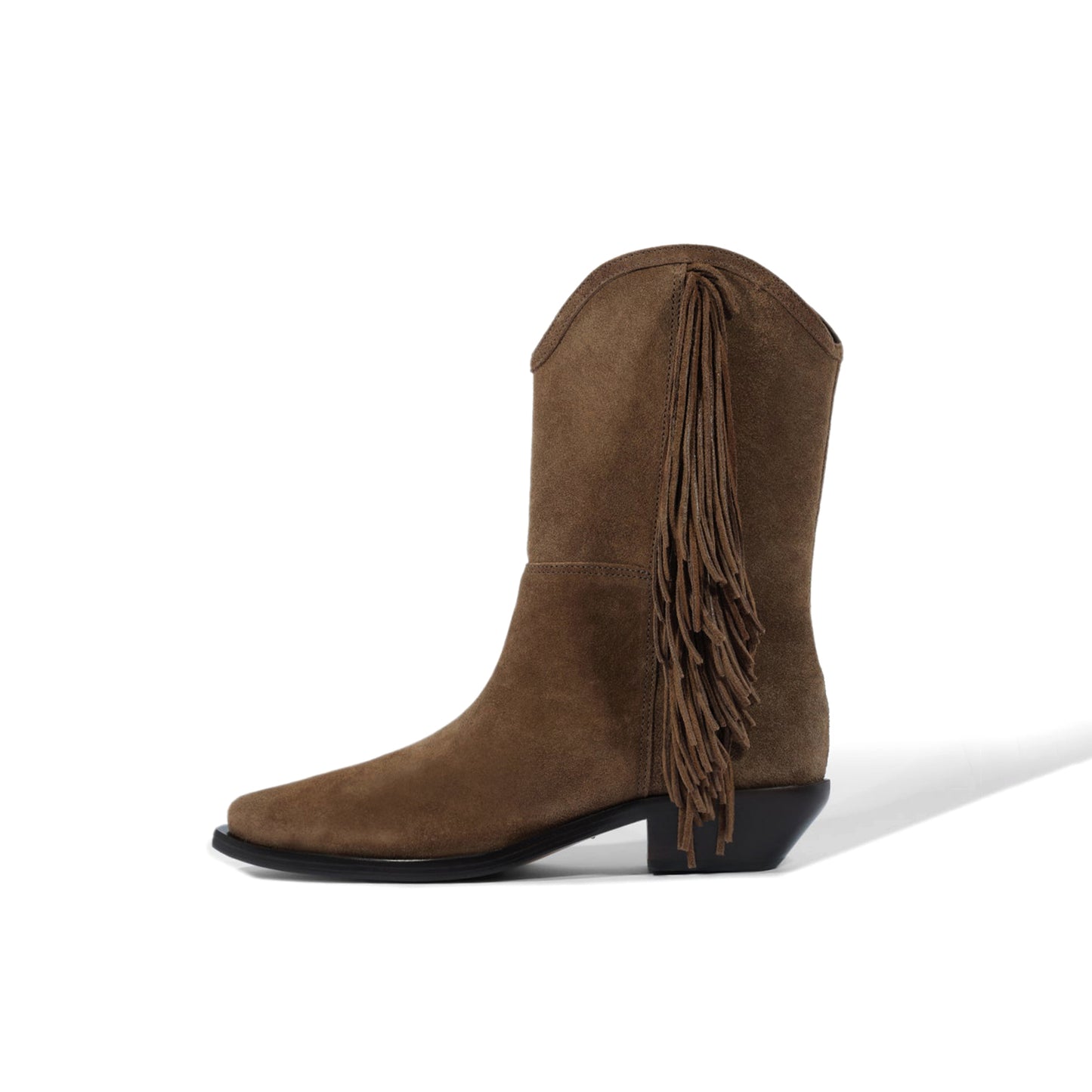 Brown Faux Suede Pointed-Toe Side Fringe Mid Calf Cowgirl Boots