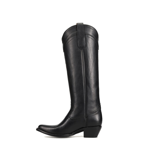 Black Almond-Toe Sleek Wide Calf Knee High Simple Cowgirl Boots