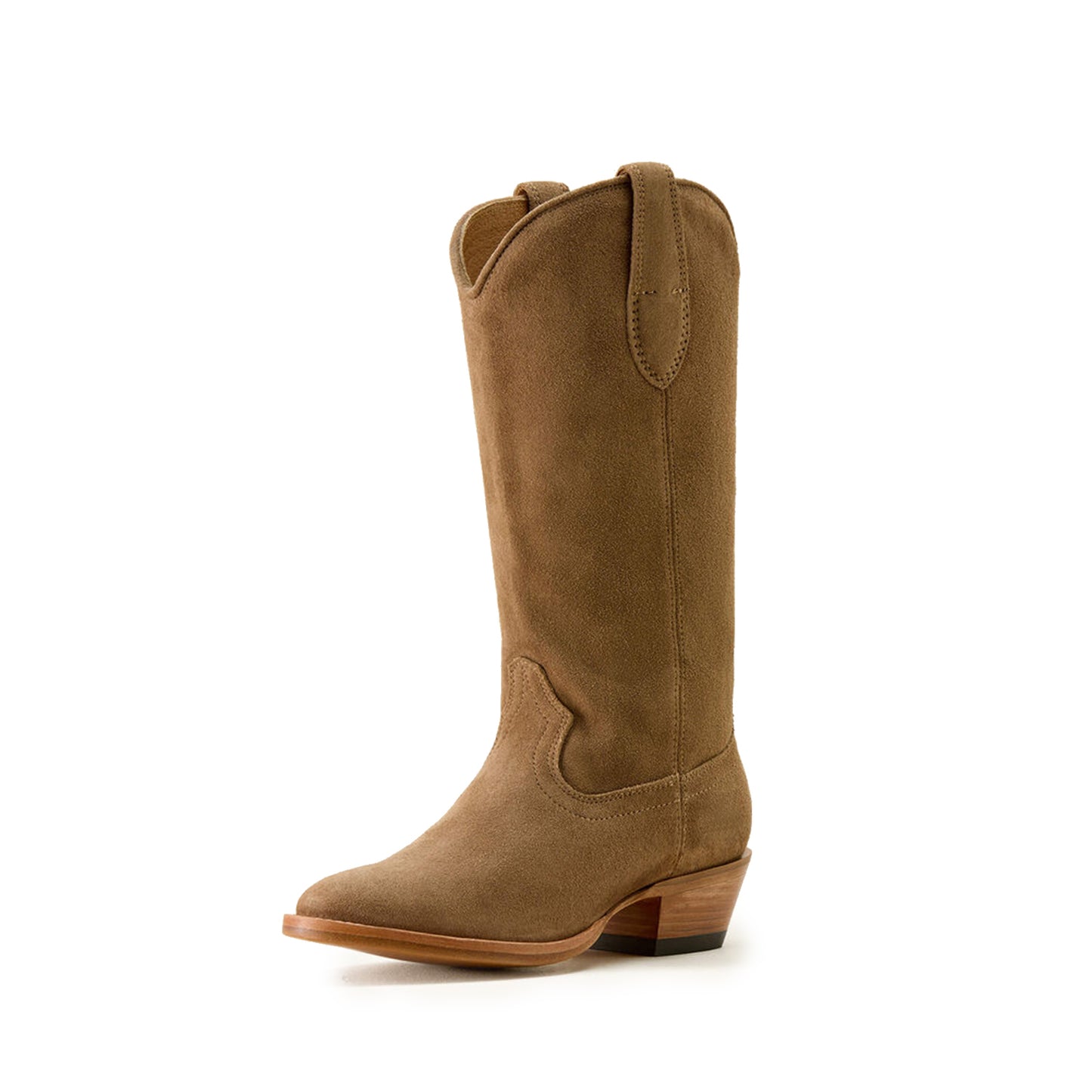 Tan Faux Suede Round-Toe Simple Mid Calf Classic Cowgirl Boots
