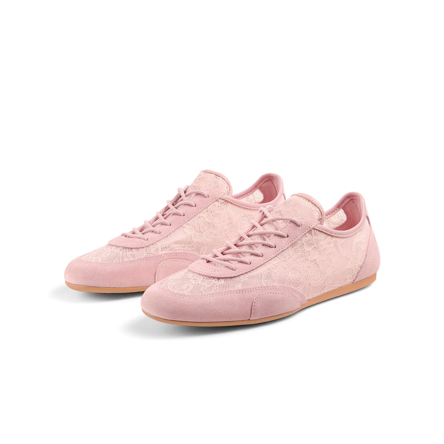 Blush Pink Faux Suede And Lace Mesh Round-Toe Lace-Up Sneakers Flats