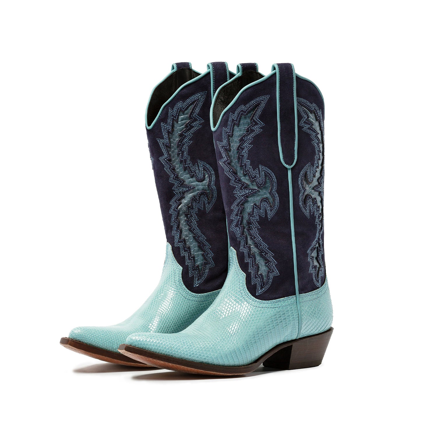 Contrast Lizard Print And Navy Faux Suede Snip-Toe Embroidery And Inlay Mid Calf Cowgirl Boots