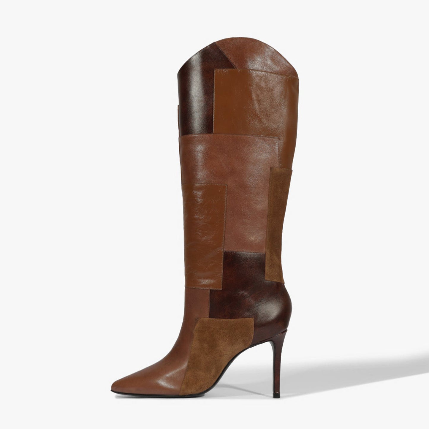Brown Pointed-Toe Patch Detail Wide Calf Knee High Stiletto Boots