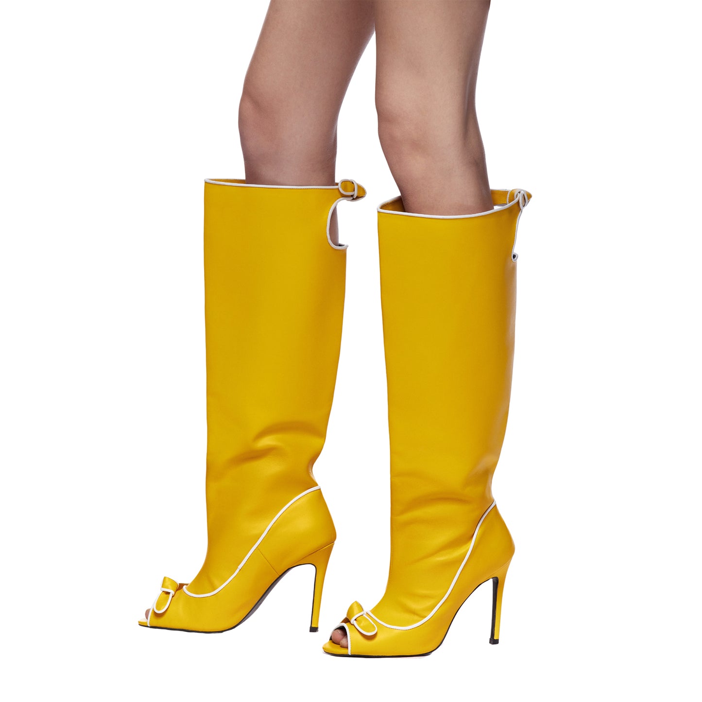 Yellow Peep Round-Toe With Bow Back Cut-Out Wide Calf Knee High Stiletto Boots