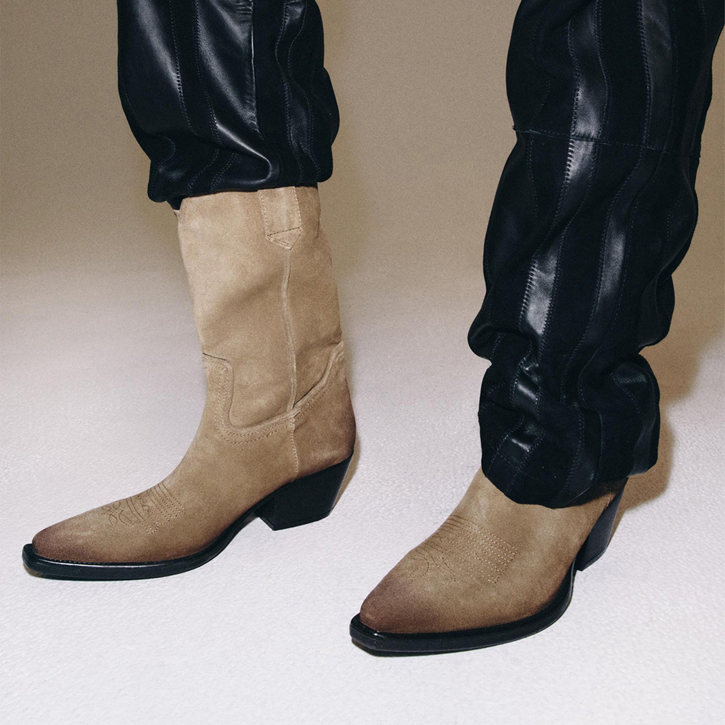 Taupe Faux Suede Snip-Toe Sleek Mid Calf Chic Cowgirl Boots