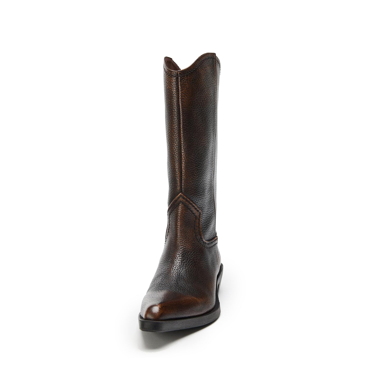 Distressed Brown Snip-Toe Simple Slip-On Mid Calf Cowgirl Boots