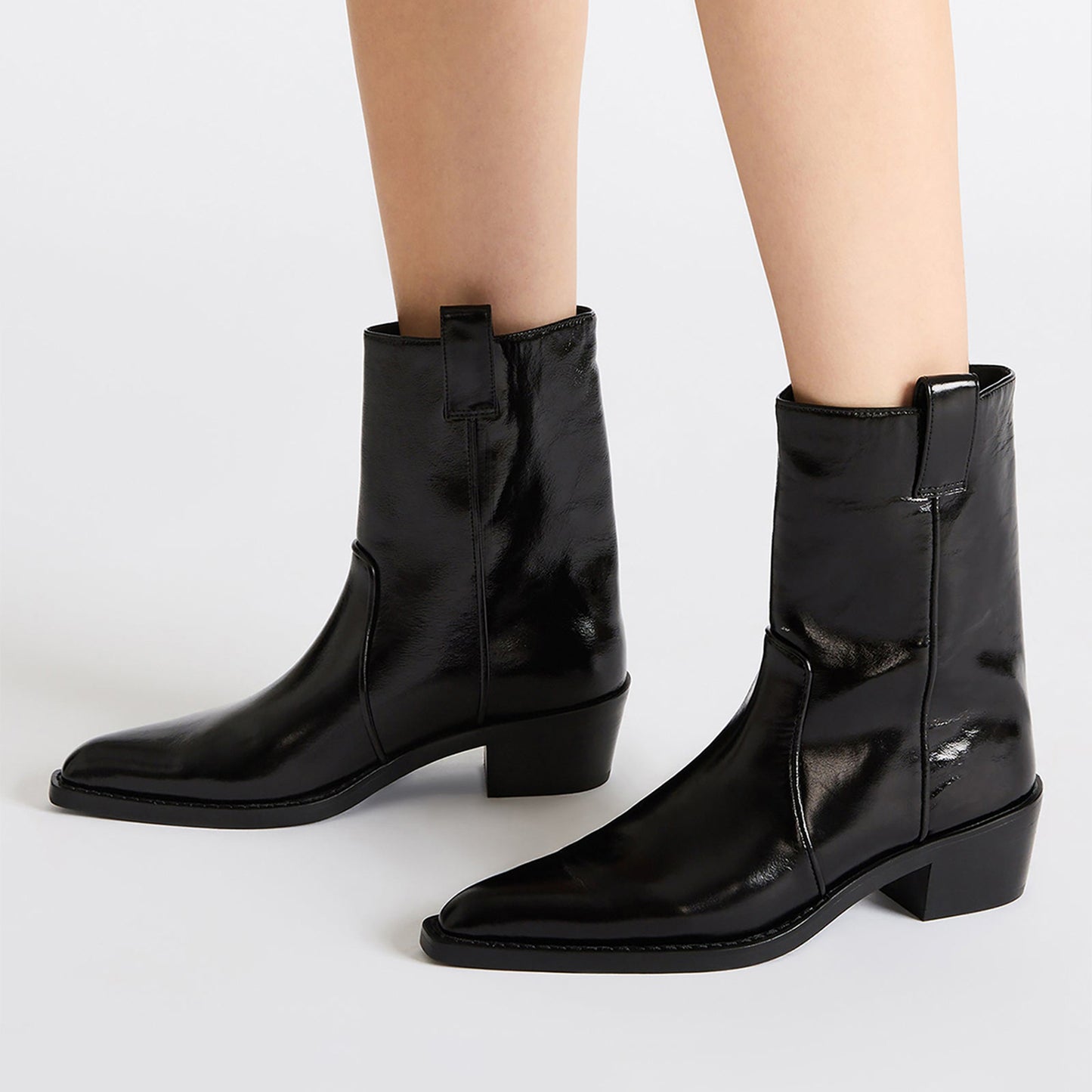 Black Snip-Toe Chic Slip-On Ankle Cowgirl Boots