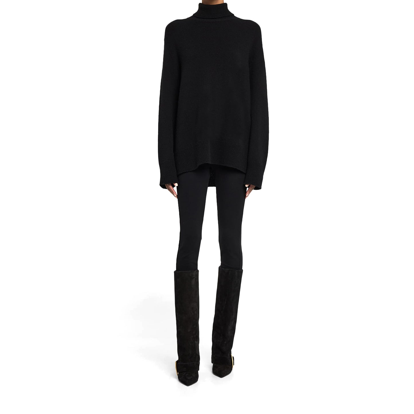 Black Faux Suede Pointed-Toe Buckle Fold-Over Wide Calf Knee High Stiletto Boots