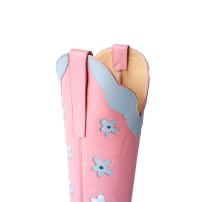 Pink Almond-Toe Powder Blue Flowers Inlay Wide Calf Knee High Cowgirl Boots