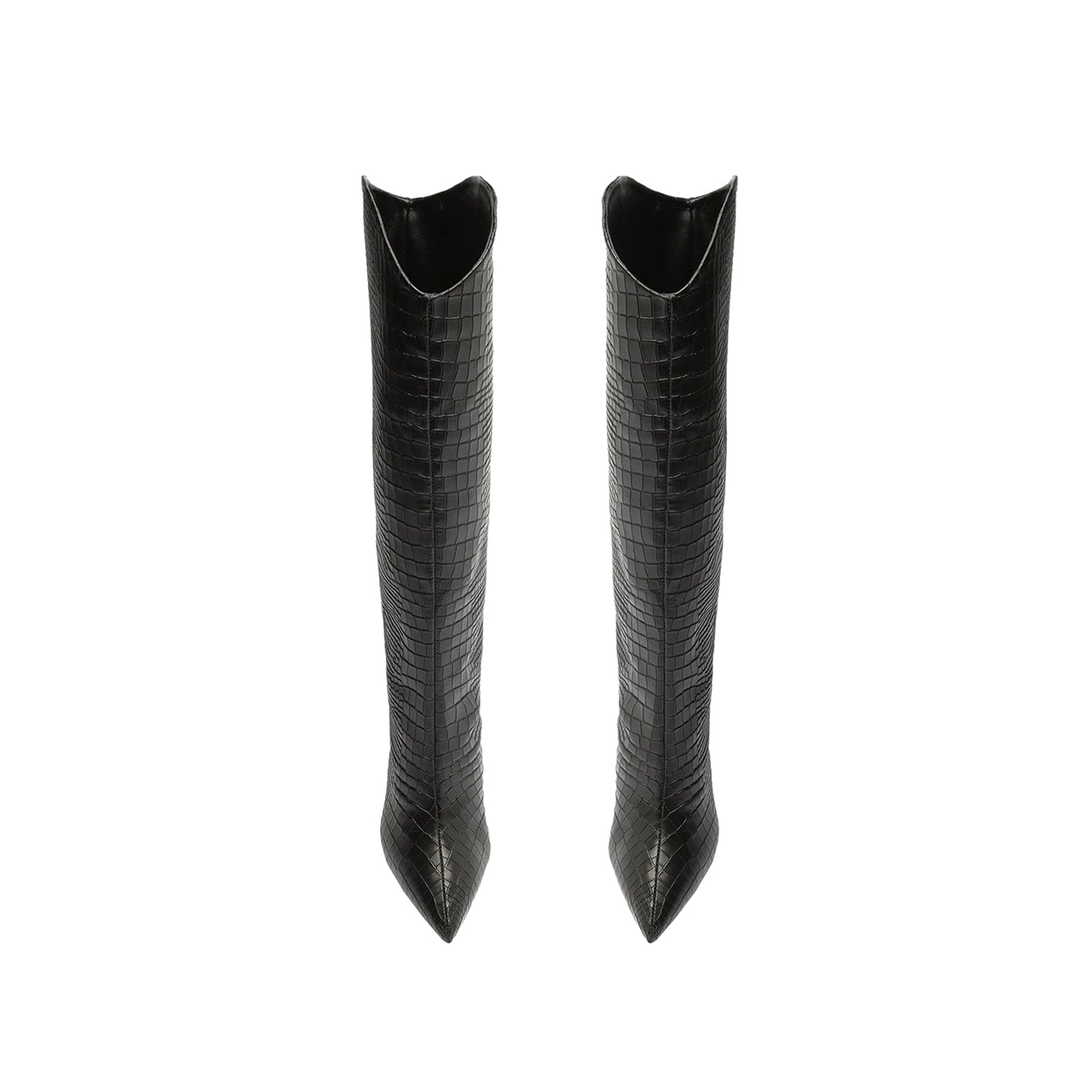 Black Crocodile Print Pointed-Toe Simple Wide Calf Knee High Stiletto Boots